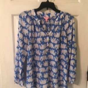 Lilly Pulitzer “Elsa” blue silk top w/elephants S